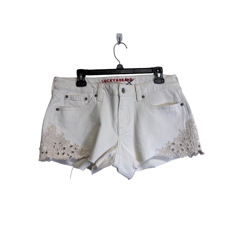 Lucky Brand Women's Low Rise Embroidered White Cutoff Jean Shorts Size 8
